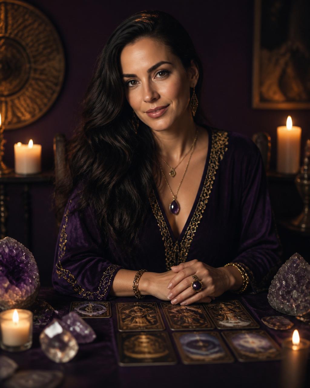 Sophia, intuitive psychic reader, seated with tarot cards and amethyst crystals